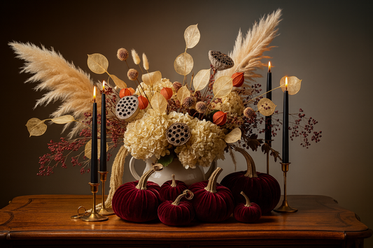 Luxury dried flower arrangement with pampas grass, hydrangeas, lunaria pods, and seed heads styled in a white vase, surrounded by black taper candles in brass holders and velvet burgundy pumpkins on a wooden table, set against a dark background