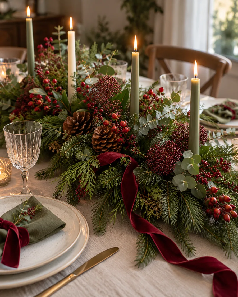 A long centrepiece of fir, pine cones and red berries with candles on a laid Christmas table